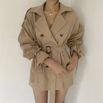 

Sexy short coat women V-neck full-sleeve double-breasted pocket belt casual style coat for women