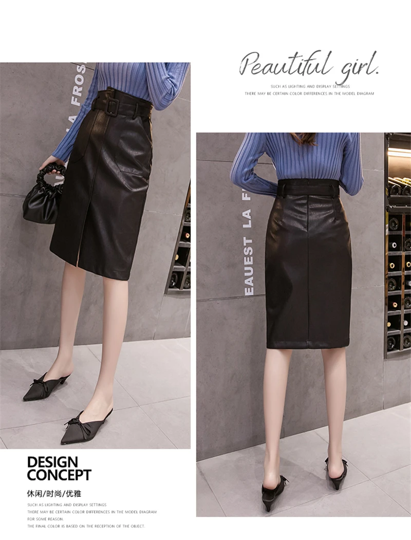 BGTEEVER Winter High Waist PU Leather Skirts Women Sashes Belted Pockets Faux Leather Female Skirts faldas jupe femme