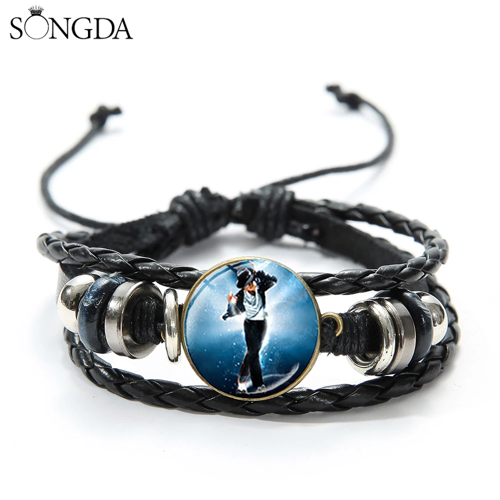 

SONGDA Classic Michael Jackson Celebrity Bracelet Pop Dance King MJ Art Photo Glass Cabochon Woven Leather Wristband Souvenirs