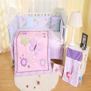 

Promotion 9Pcs Baby girl bedding set Purple butterfly Crib bumper set Embroidery flower Baby cot bed Cuna quilt Bumper Blanket