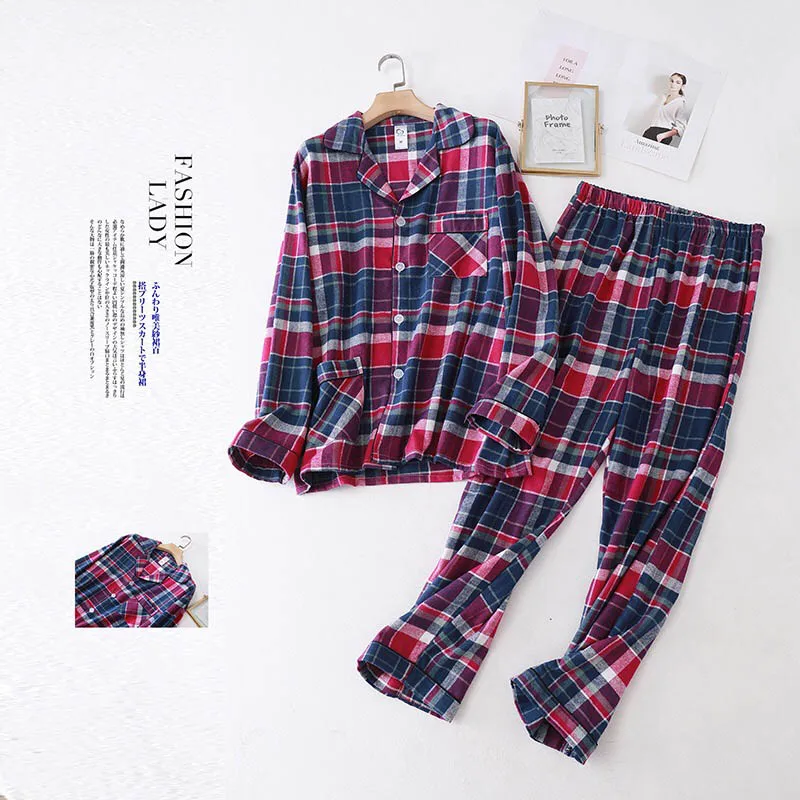 2020 Fall Winter Men's Rad Plaid Pajamas Set Comfort Loose Large Size Turn-Down Collar Sleepwear Full Sleeve+Pants 2Pcs Homewear mens cotton pajama sets Men's Sleep & Lounge