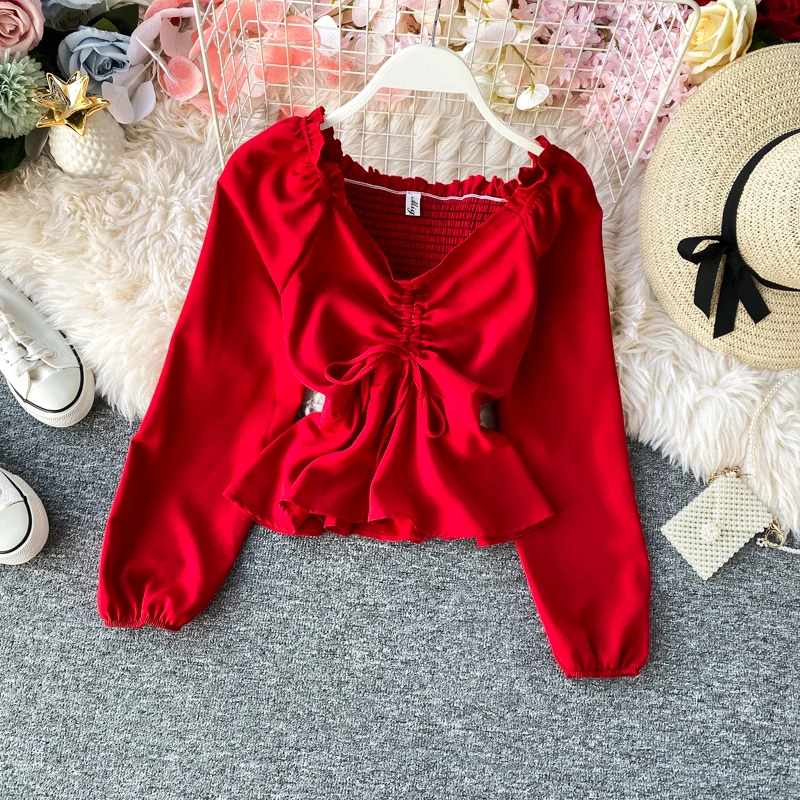 

2020 Spring Summer New Slash Neck Drawstring Korean Women Tops Blouse Solid Slim Shirts Ruffles Grace Fashion Female Blusas RL28