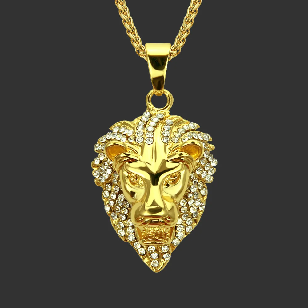 

New Style Europe And America Hip Hop Full of Crystals Lion Head Pendant Necklace