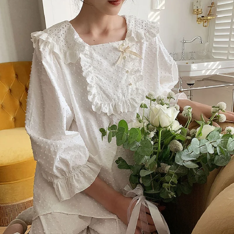 

Sweet Women's White Litter Star Soft Pure Cotton Pajamas Sets Female Loose Sleepwear Suits Plus Size Pyjamas