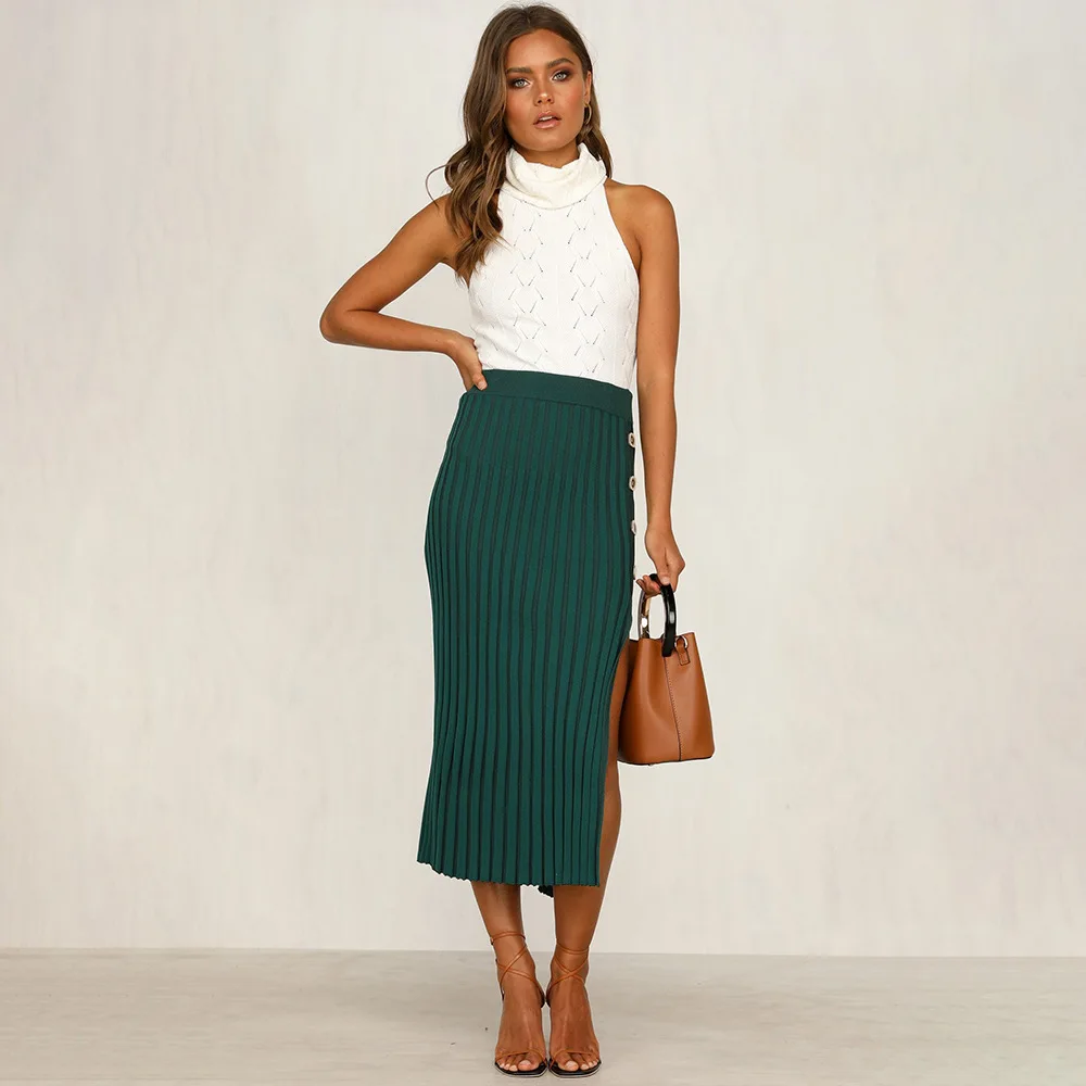 Split Long Skirt Women Winter Knit Pencil Skirts High Waist Button Sexy Skirt Khaki Striped Party Skirts Saia Midi