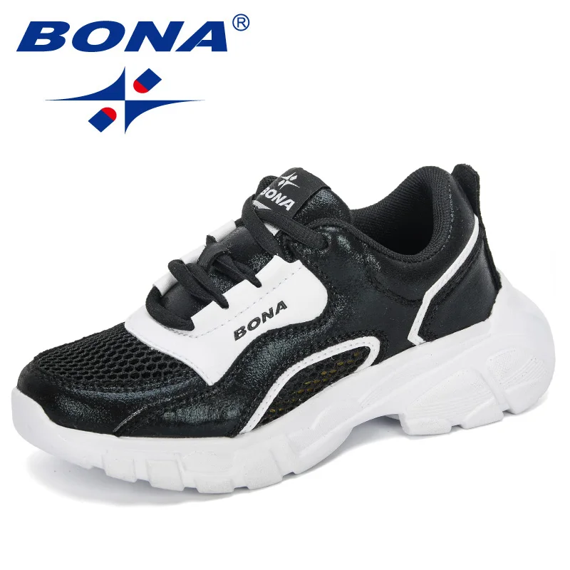 Black white BONA/Новинка года; дизайнерская детская обувь; уличные Повседневные детские кроссовки; кожаная Спортивная модная детская удобная обувь для отдыха - Цвет: Black white