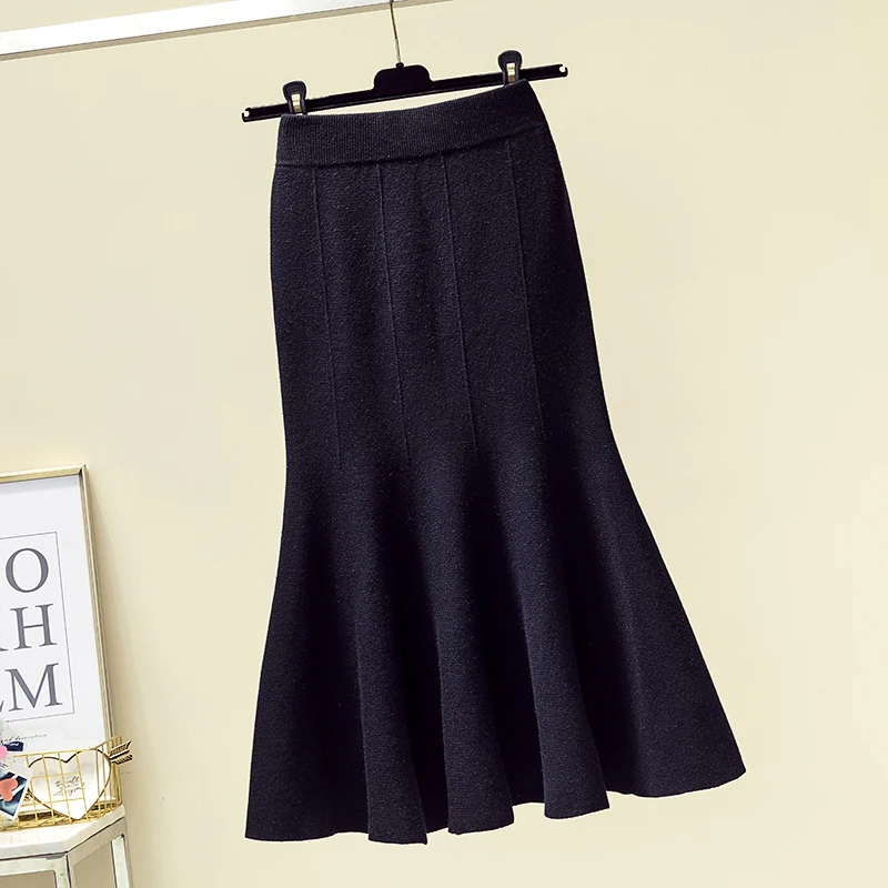 3xl Большие размеры Длинные юбки для женщин женские офисные осень зима faldas negras трикотажные длинные юбки "рыбий хвост" женские A5545 - Цвет: Black