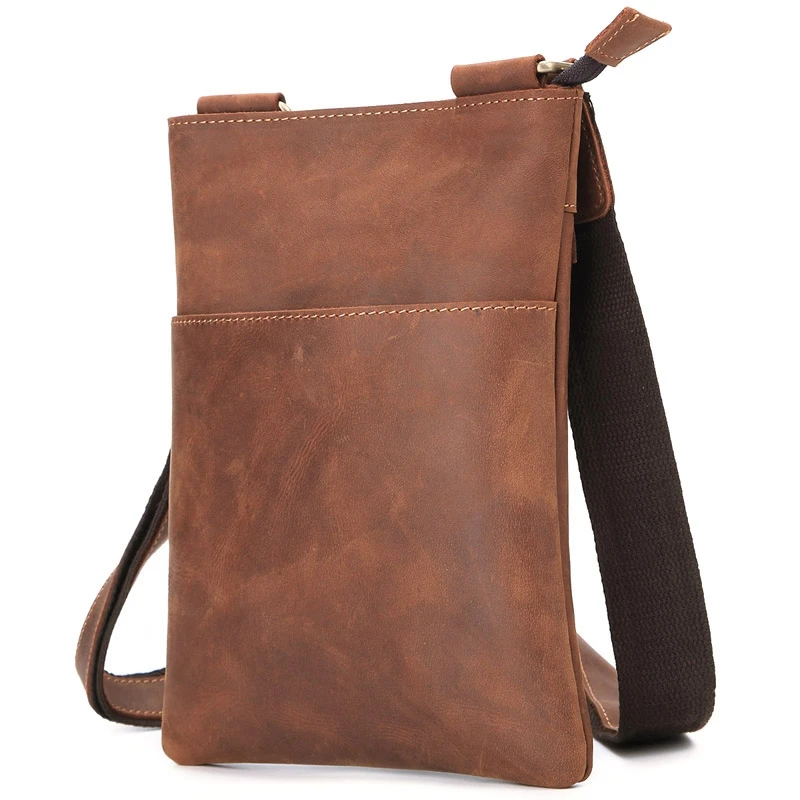 

Crazy Horse Leather Men's Crossbody Bag Vintage Cowhide Thin Messenger Bag Small Shoulder Bag for Male