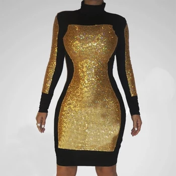 

Clubwear Colorful Bead Sequind Mini Dress Autumn Turtleneck Full Sleeve Sexy Dress Women Plus Size Bodycon Vestidos Gold Dresses