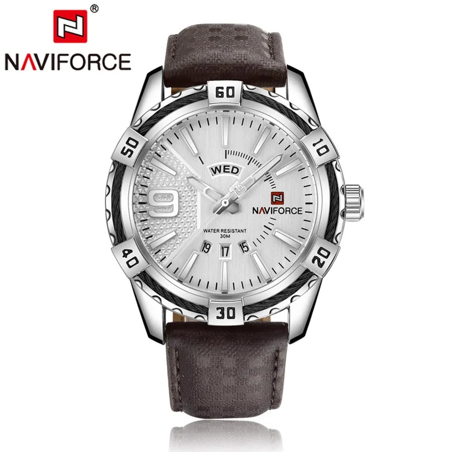 NAVIFORCE мужские часы модные водонепроницаемые военные кожаные кварцевые часы с календарем Мужские часы модные автоматические часы - Цвет: silver