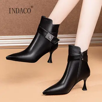 

Designer Boots Women Leather Autumn Shoes Fashion Pointed Toe High Heels Boots Ankle Boots For Women Metal Buckle Wine Red