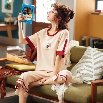 

Pajamas women's summer cotton short-sleeved Capri pants fresh students sweet cute girls loose outdoor wear suit