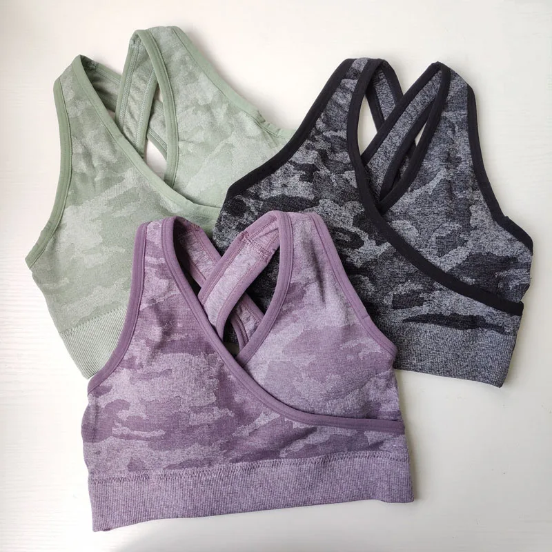 Bra Padded Seamless-Bra Yoga-Top Sports-Shirt Push-Up Nepoagym Camo Women High-Impact