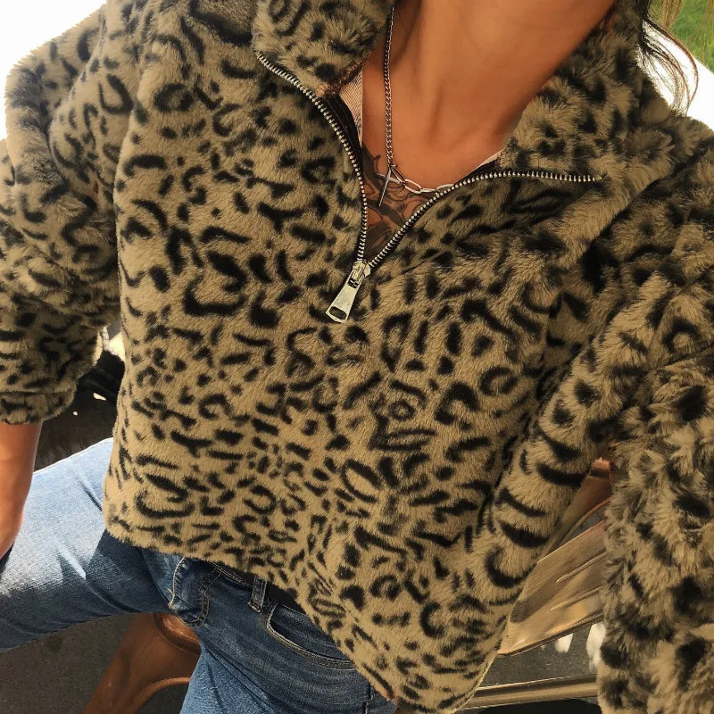 Skup BOOFEENAA wzór w cętki Fuzzy krótkie bluzy z kapturem odzież damska zima śliczne bluza z kapturem z crop top z suwakiem C70 AC22