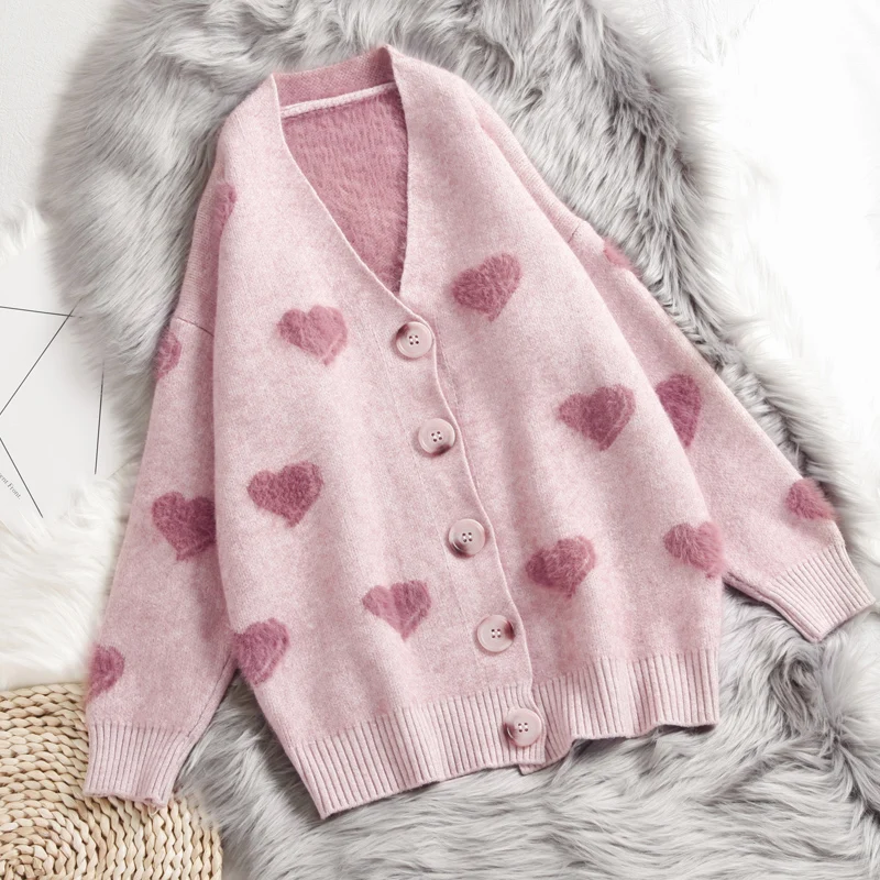 Kawaii Heart Sweater Women Autumn Winter V Neck Solid Color Button Knitted Cardigan Korean Vogue Loose Blue Warm Soft Femme Coat |