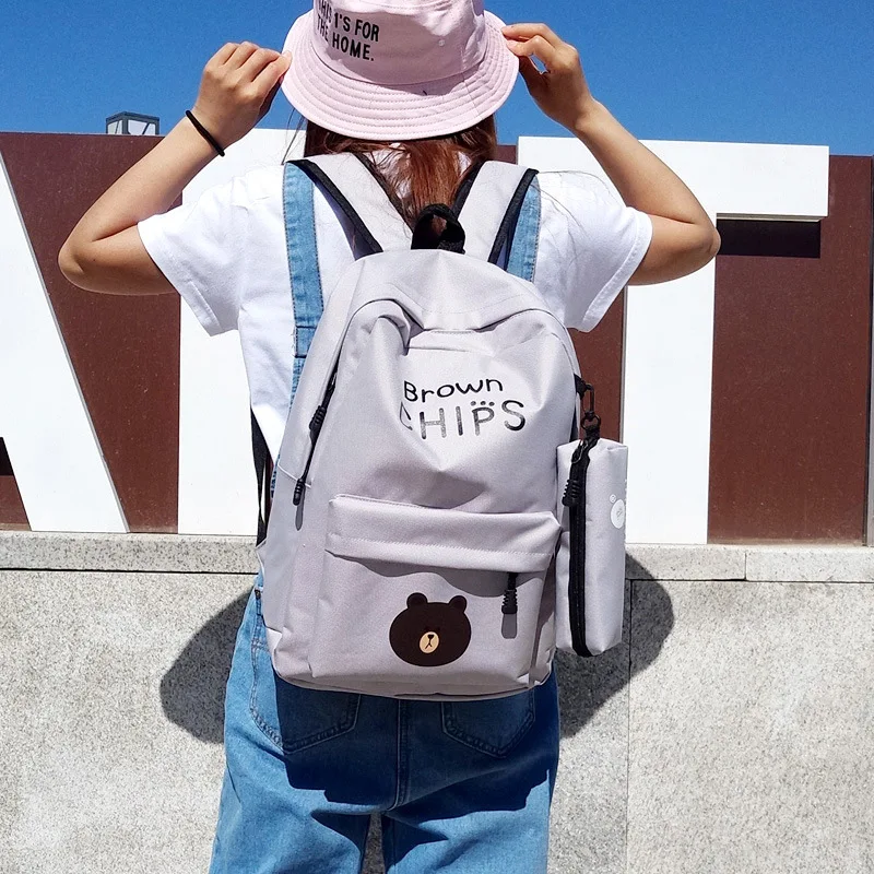 

Cartoon Bear Two-Piece Casual High School Students School Bag 600D Simple Backpack Korean-style Backpack