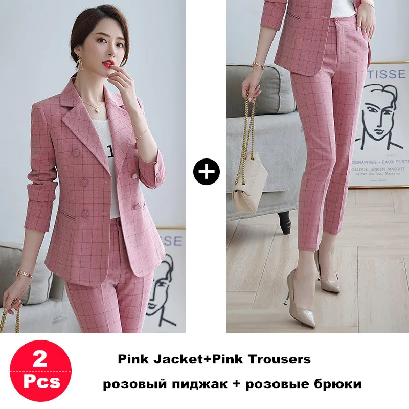 pink jacket pant Женский костюм брючный костюм розовый хаки клетчатый длинный рукав двубортный пиджак+ длинные брюки комплект из 2 предметов гостиничная рабочая одежда 80322 - Цвет: pink jacket pant