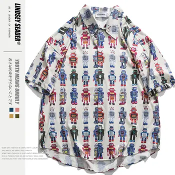 

Lindsey Seader 2020 Hip Hop Shirt Streetwear Robots Print Mens Hawaiian Shirt Loose Harajuku Summer Beach Shirt Short Sleeve
