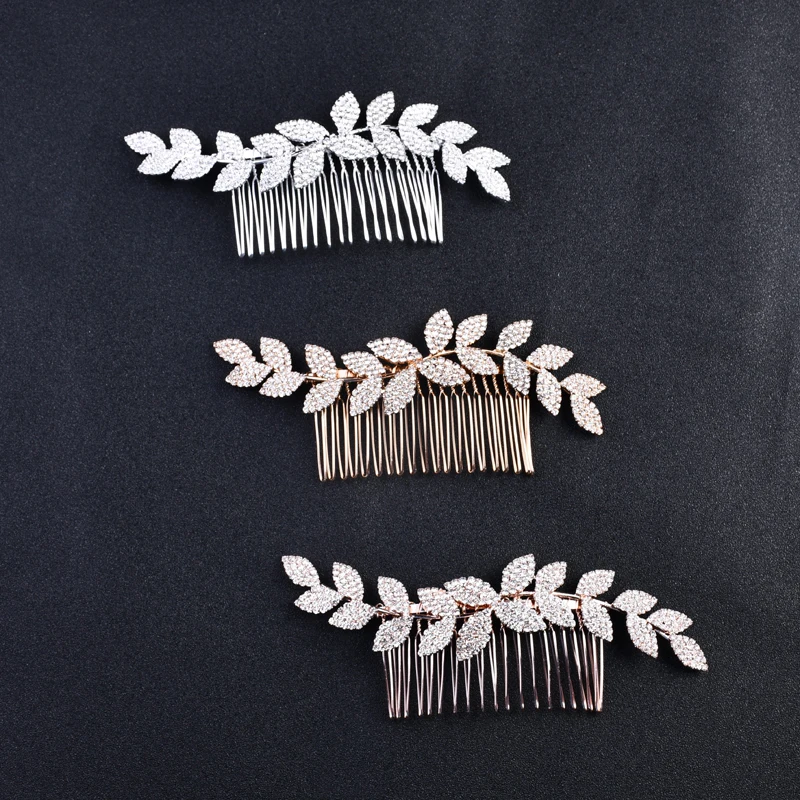 

Shiny Crystal Leaf Shape Bridal Hair Combs Wedding Hair Jewelry Accessories Silver/Gold/Rose Gold Color Head Decoration Tiara