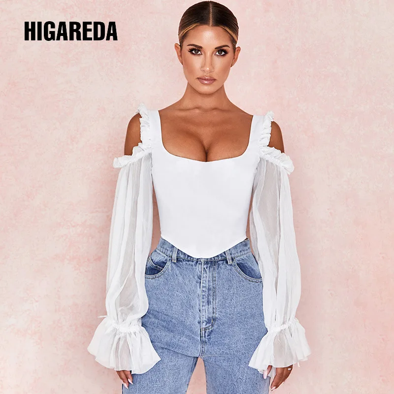 

weirdgirl women fashion elegant t-shirt full sleeve off shoulder femme crop tops solid white tops patchwork outfit autumn new