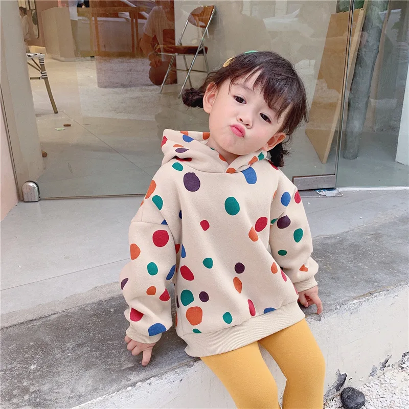 

2019 Autumn and Winter New Style Children Cotton Dot Lazy Simple and Easy Hooded Tops Girls and Boys Long Sleeve Casual Clothes