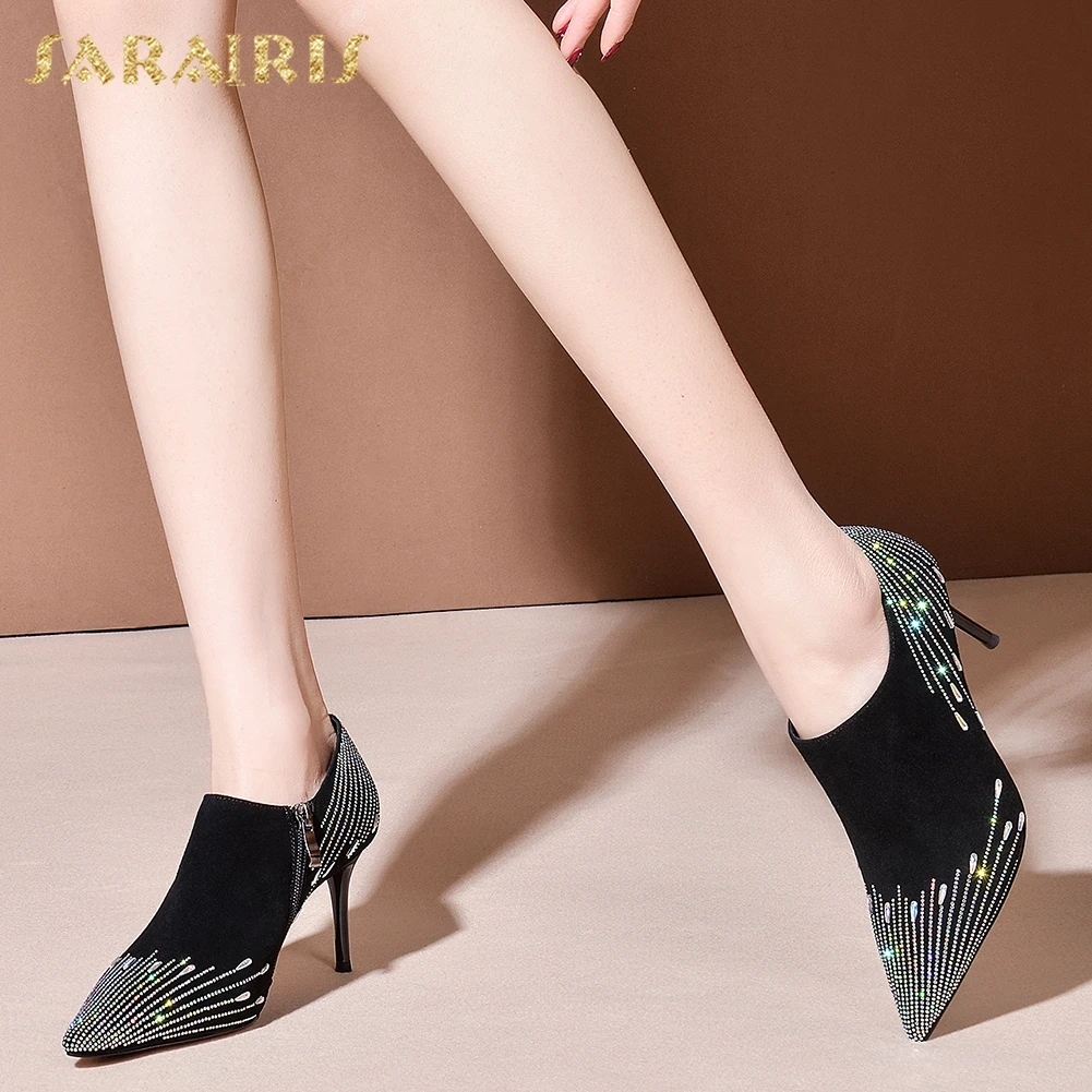

Sarairis Fashion Hot Sale Kid Suede Mix Color Shoes Woman Pumps Female Sheepskin Thin High Heels Pointed Toe Zipper Pumps Woman