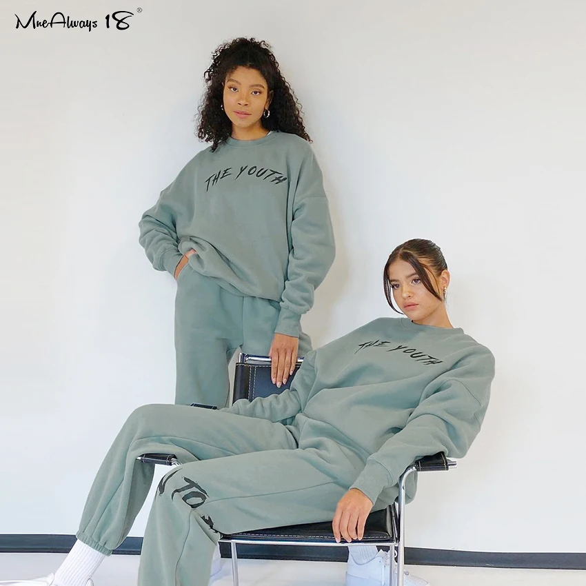 

Mnealways18 Letter Print Thick Womens Winter Tracksuit Elastic Waist Sweatpants And Sweatshirt 2 Piece Sport Sets Streetwear