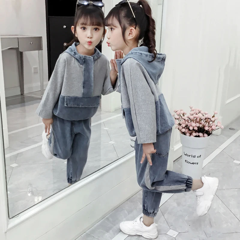 

Girls Leisure Denim Clothing Suit Children's Fall Clothes Set Teenager Kids Casual Spliced Hooded Jacket + Jeans Twinset P302