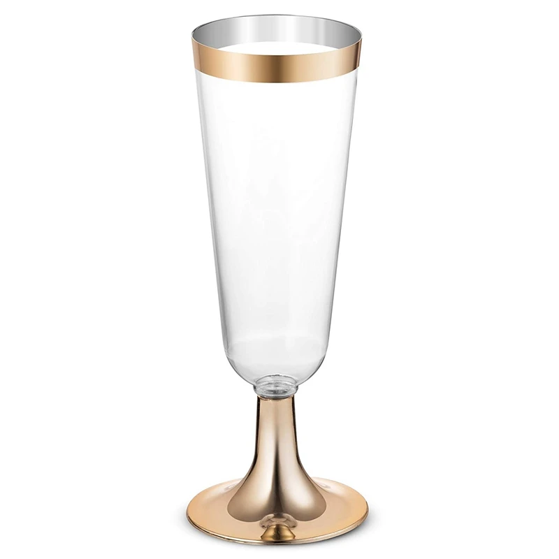 HHO-24Plastic флейты шампанского в золотой оправе | 5,5 Oz. Прозрачные Жесткие одноразовые вечерние и свадебные стекла