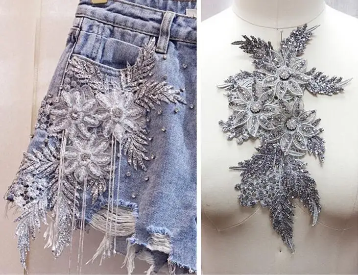 

1 Piece Stage Performance Clothes Diy Rhinestone Applique Patch Fabric accessories Craft Embroidery Sequin Lace Applique Trim