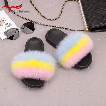 

Summer New Fox Fur Slippers Slides Furry House Flat Slippers Indoor And Outdoor Beach Shoes Female Slippers