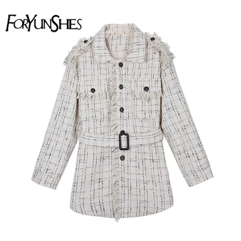 

2020 Fashion Autumn Winter Sashes Tweed Jacket Runway Plaid Overcoat Fringe Long Sleeve Coat Female Ladies Warm Outerwear