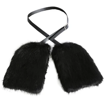 

Black Plush Split Stitching Gloves Leather Bandage Warm Gloves Women'S Fashion