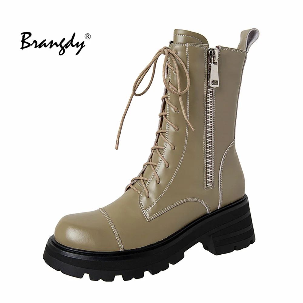 Brangdy Martins Boots For Fashion Ankle Boots Women Cow Leathe Lace-Up Zip Platform Genuine Leather Ladies Winter Boots