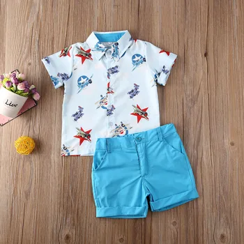 

Emmababy Toddler Baby Boy Clothes Airplane Print Short Sleeve Shirt Tops Pants 2Pcs Outfits Gentleman Formal Clothes Summer