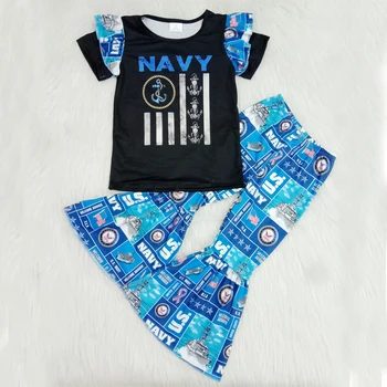 

Free Shipping 2020 fashional kids boutique clothing toddler baby girls clothes U.S. NAVY anchor t- shirt & bell bottoms clothes