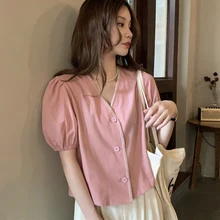 

New Puff Sleeve Shirts Blusas Mujer V Neck Cute Korean Clothes Tops For Women Pink Soft Cotton Blouse Fashion 2021 Summer Blouse