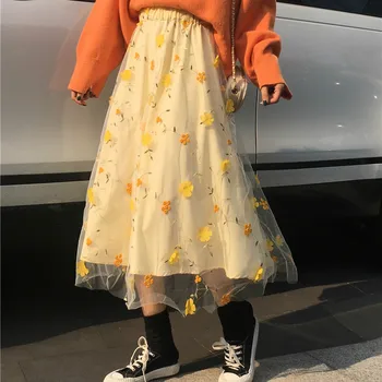

Lace Skrit Woman High Waist Faldas Mujer Moda 2020 Loose Spodnice Damskie Yellow Jupe Longue Casual Long Skirts For Women