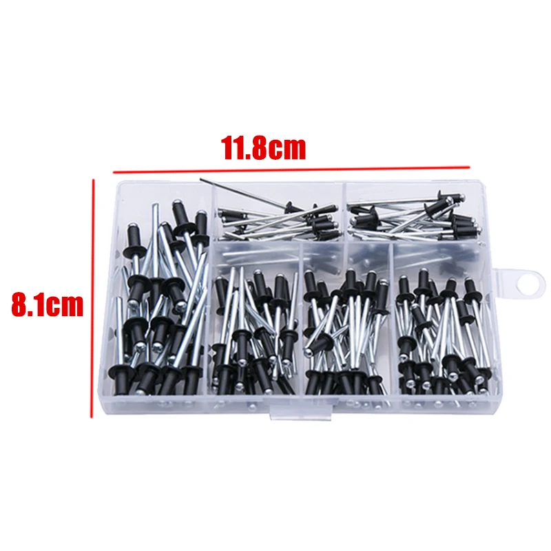 200pcs 8 Sizes Black Aluminum Blind Rivet M3.2-M4.8 Large Flange Rivet Pull Rivet Assorted Box Kit for Furniture Aircraft Tools