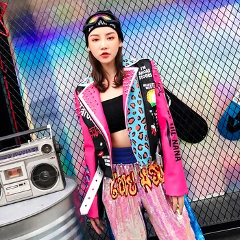 

Parker Ladies Rivet Graffiti Print Pu Leather Jacket Leopard Letter Printing Bomber Jacket Short Slim Motorcycle Pu Leather Coat