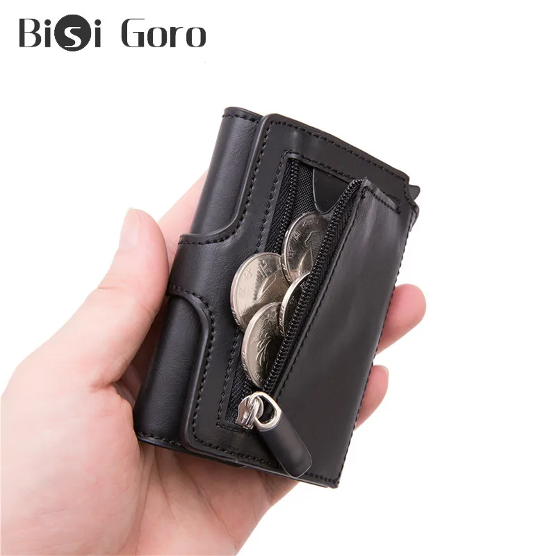 

BISI GORO 2020 Top Quality Men Smart Wallet Fashion Button Money Bag Metal Aluminum Auto Pop-up RFID Travel Wallet Coin Purse
