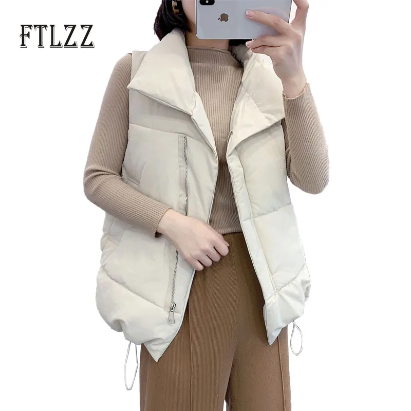 Warm Waistcoat Women Streetwear Sleeveless Tops Autumn Winter Sleeveless Turndown Collar Zipper Vest Ladies Fashion Outwear