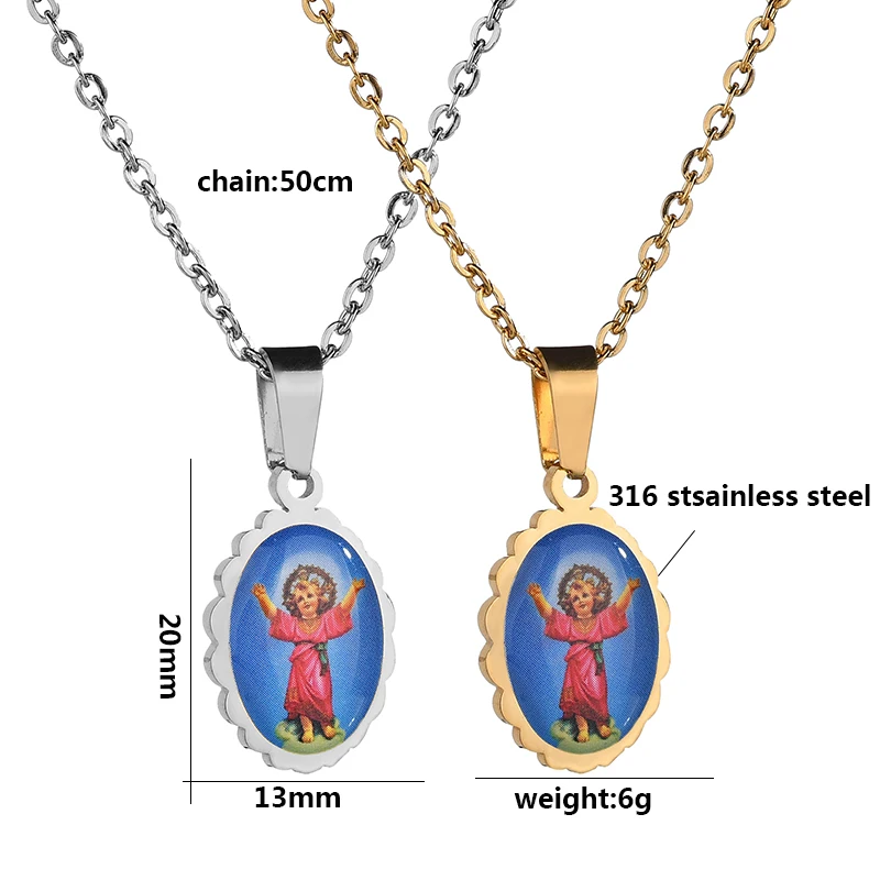 Akizoom Pendant Necklace Virgin Mary Golden Color Christian Jesus Oval Stainless Steel Catholic Men Women Religion Gifts