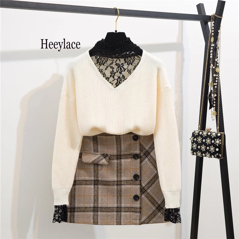 

Elegant Women Set Half Turtleneck Sexy Lace Knit Sweater And Plaid Mini Skirt Two Piece Set Autumn Fashion Student Sets