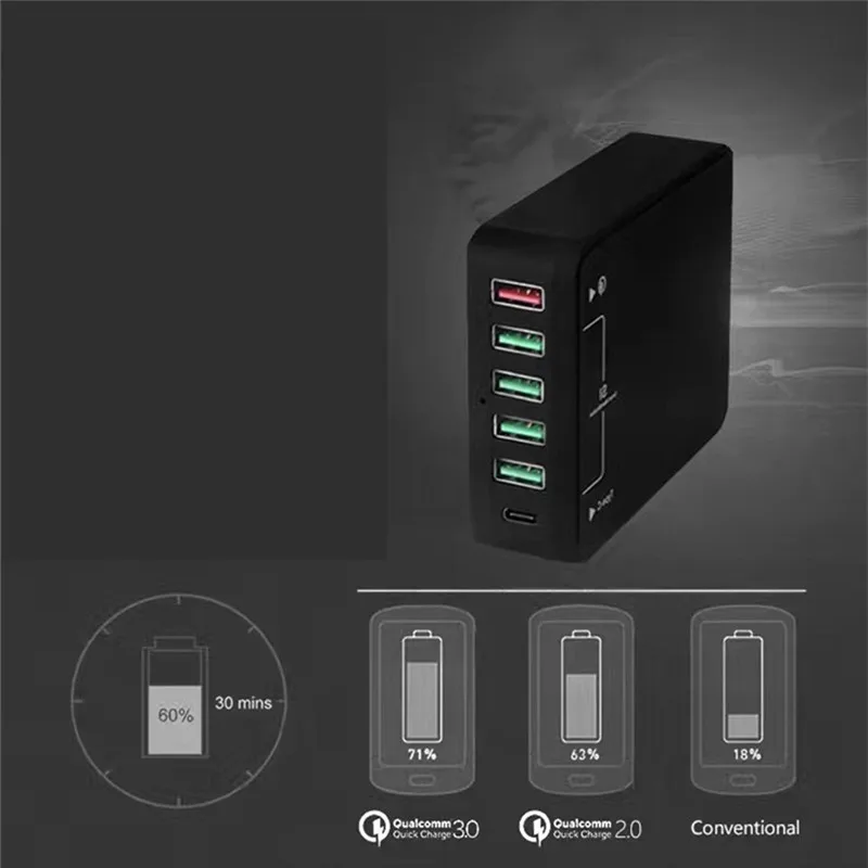 Универсальное зарядное устройство QC 3,0 EU/US/UK/AU, быстрая зарядка, зарядное устройство usb type-C, 40 Вт, 6 портов, дорожное зарядное устройство