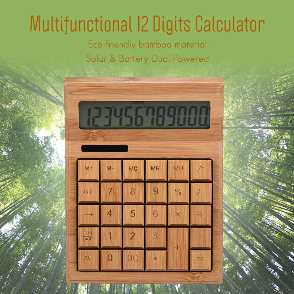 Электронный калькулятор, портативный, на солнечных батареях, 12 цифр, студенческий офис, коммерческий бамбуковый школьный счетчик, многофункциональный