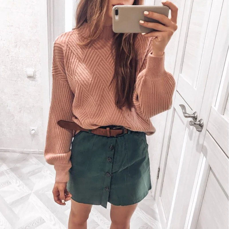 Hirsionsan Pull Femme 2019 Winter Autumn Oversized Knitted Cashmere Sweater Women Lantern Sleeve Diamond Basic Thicken Pullovers