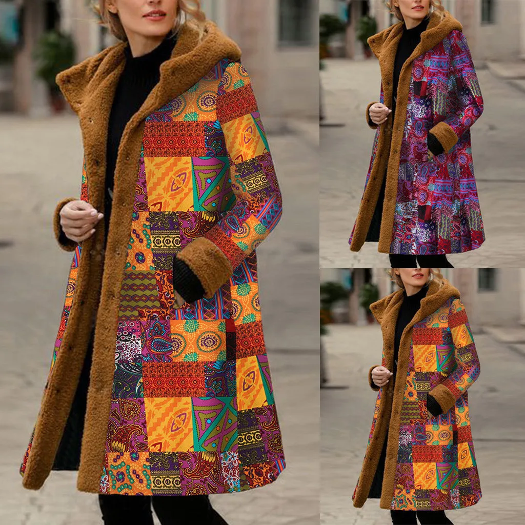 

Womens Print Coat Winter Warm Vintage Pockets Oversize Hooded Coats Female Casual Outwear Jacket Plus Size Long Coat