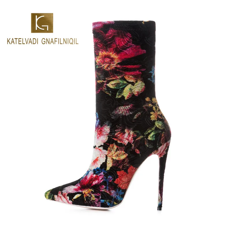 

KATELVADI Women Print Ankle Winter Boots Flock Stretch Boots 5Inches High Heels Pointed Toe Night Club Women Shoes K-569