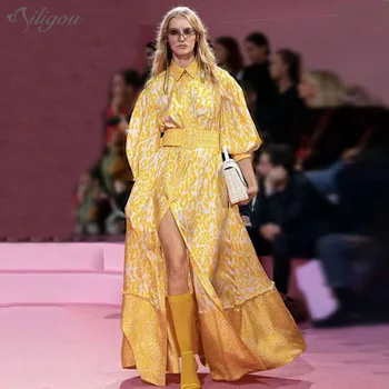 

Ailigou Autumn New Women's Holiday Long Dress 2020 Polka Dot Print Yellow Lapel Lantern Sleeve Fashion Party Dress Women